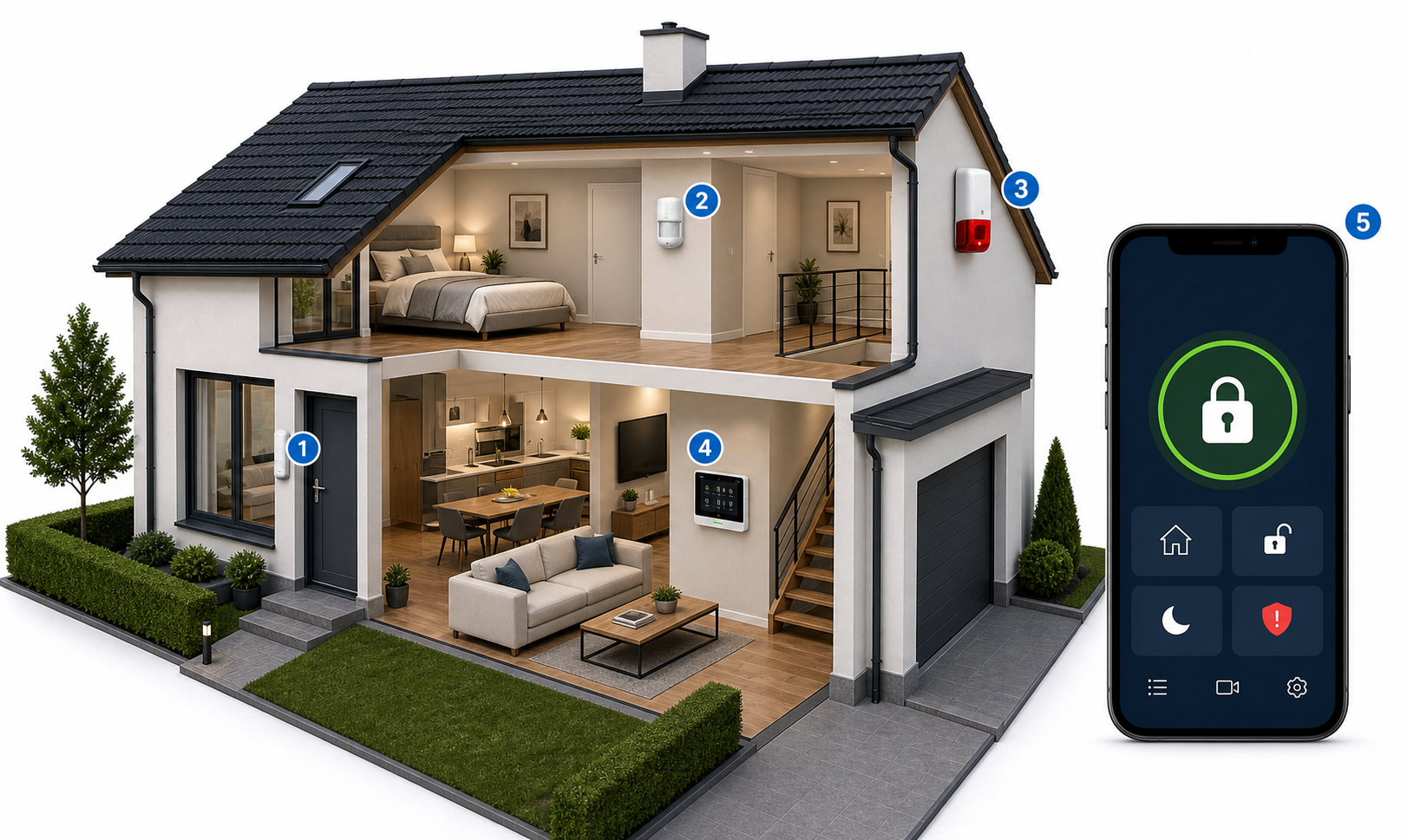 Schéma de protection d’une maison avec centrale d’alarme intérieure et application mobile