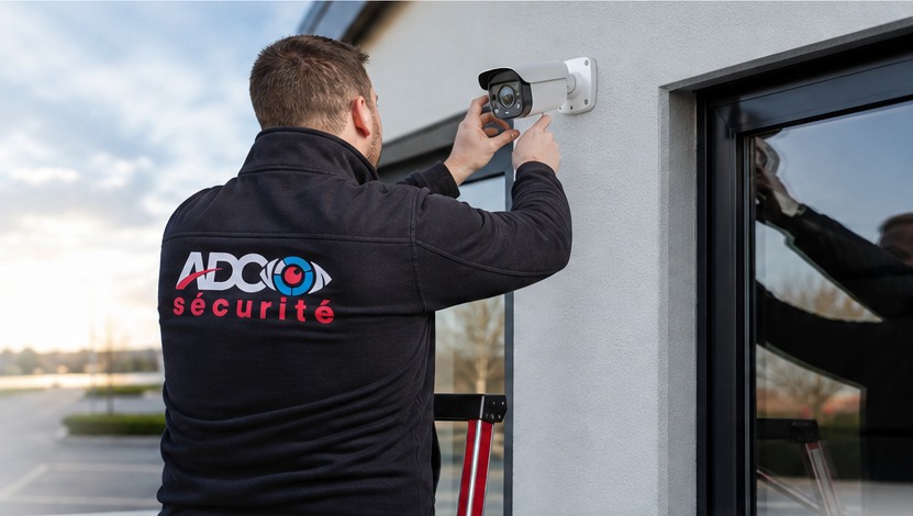 Technicien ADC Sécurité installant une caméra